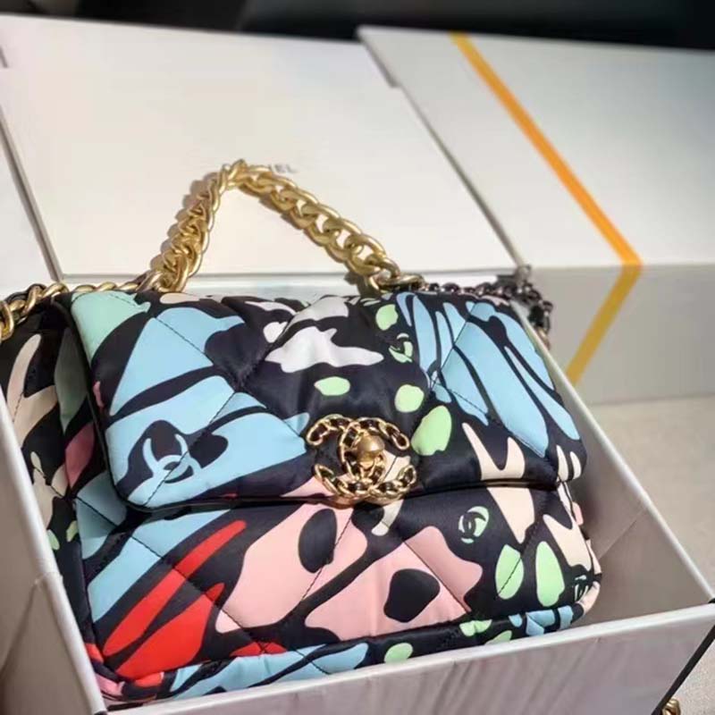 Chanel Women 19 Handbag Printed Canvas Gold Silver-Tone & Ruthenium-Finish Metal Multicolor