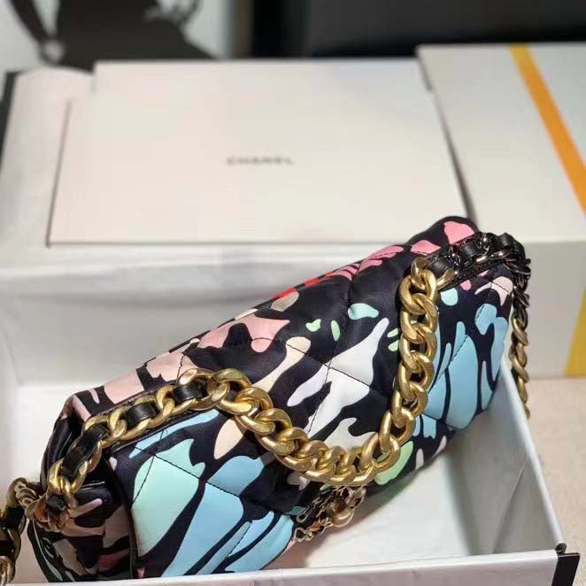 Chanel Women 19 Handbag Printed Canvas Gold Silver-Tone & Ruthenium-Finish Metal Multicolor