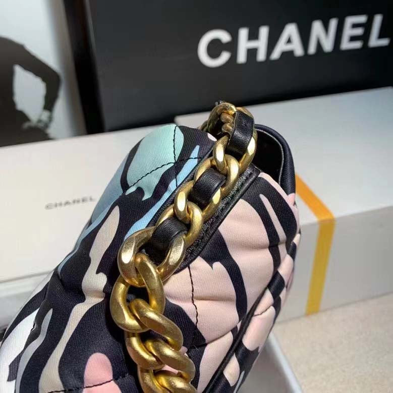 Chanel Women 19 Handbag Printed Canvas Gold Silver-Tone & Ruthenium-Finish Metal Multicolor