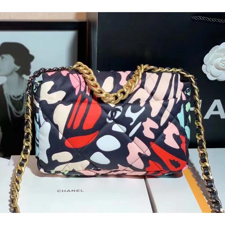 Chanel Women 19 Handbag Printed Canvas Gold Silver-Tone & Ruthenium-Finish Metal Multicolor