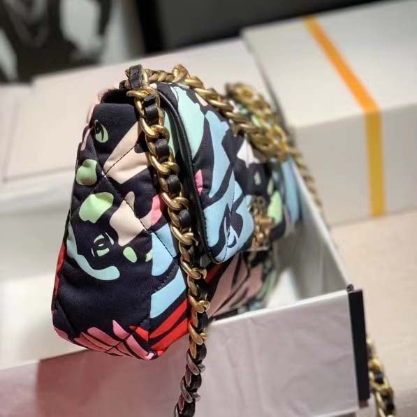 Chanel Women 19 Handbag Printed Canvas Gold Silver-Tone & Ruthenium-Finish Metal Multicolor