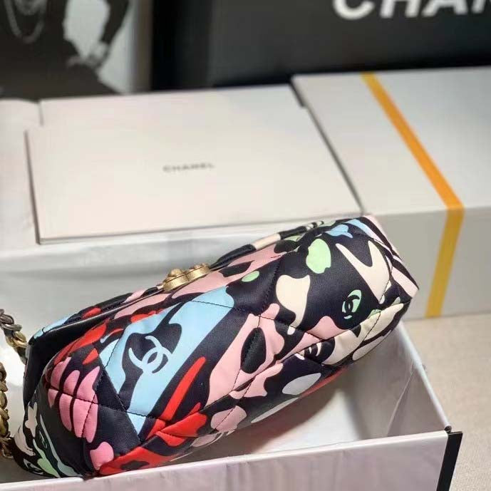 Chanel Women 19 Handbag Printed Canvas Gold Silver-Tone & Ruthenium-Finish Metal Multicolor