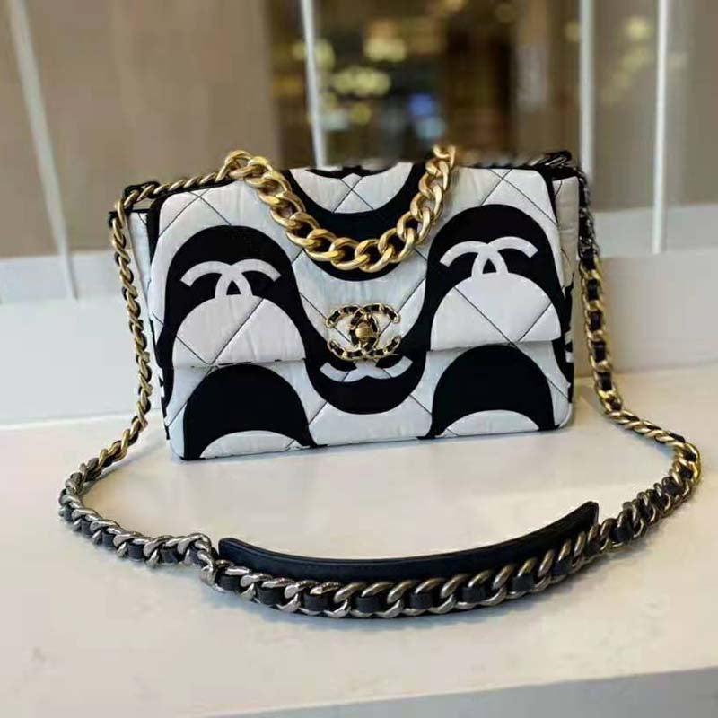Chanel Women 19 Large Flap Bag Printed Fabric Gold Silver-Tone & Ruthenium-Finish Metal Black & Ecru