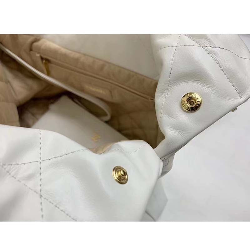 Chanel Women 22 Large Handbag Calfskin Gold-Tone Lacquered Metal White