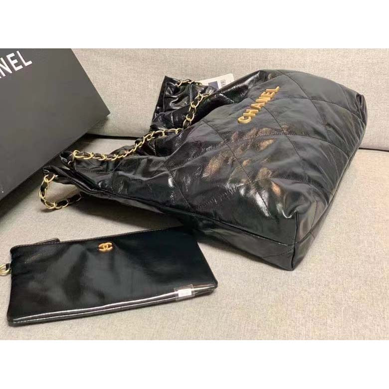 Chanel Women 22 Large Handbag Shiny Calfskin Gold-Tone Metal Black