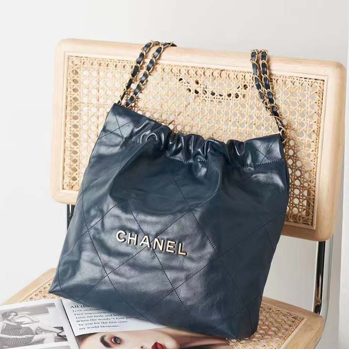 Chanel Women 22 Small Handbag Shiny Calfskin Gold-Tone Metal Navy Blue