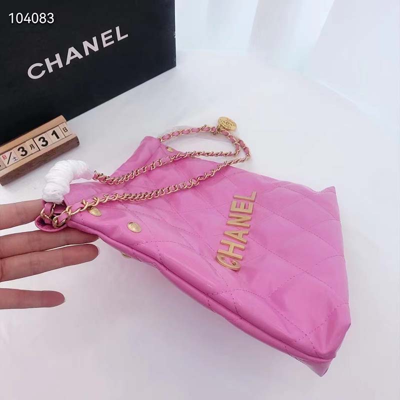 Chanel Women 22 Small Handbag Shiny Calfskin & Gold-Tone Metal Pink
