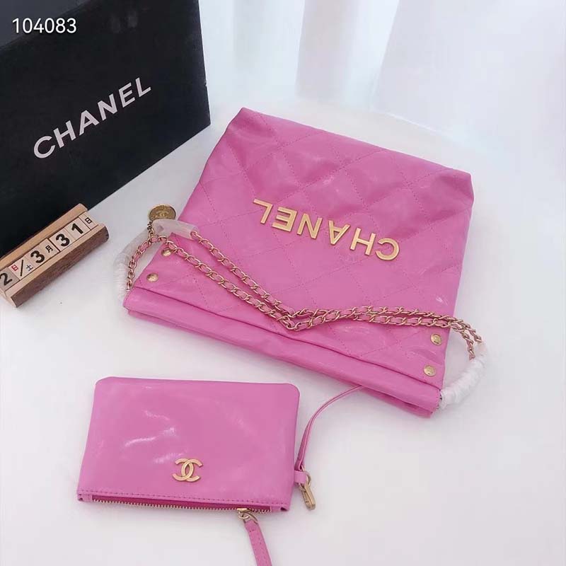 Chanel Women 22 Small Handbag Shiny Calfskin & Gold-Tone Metal Pink