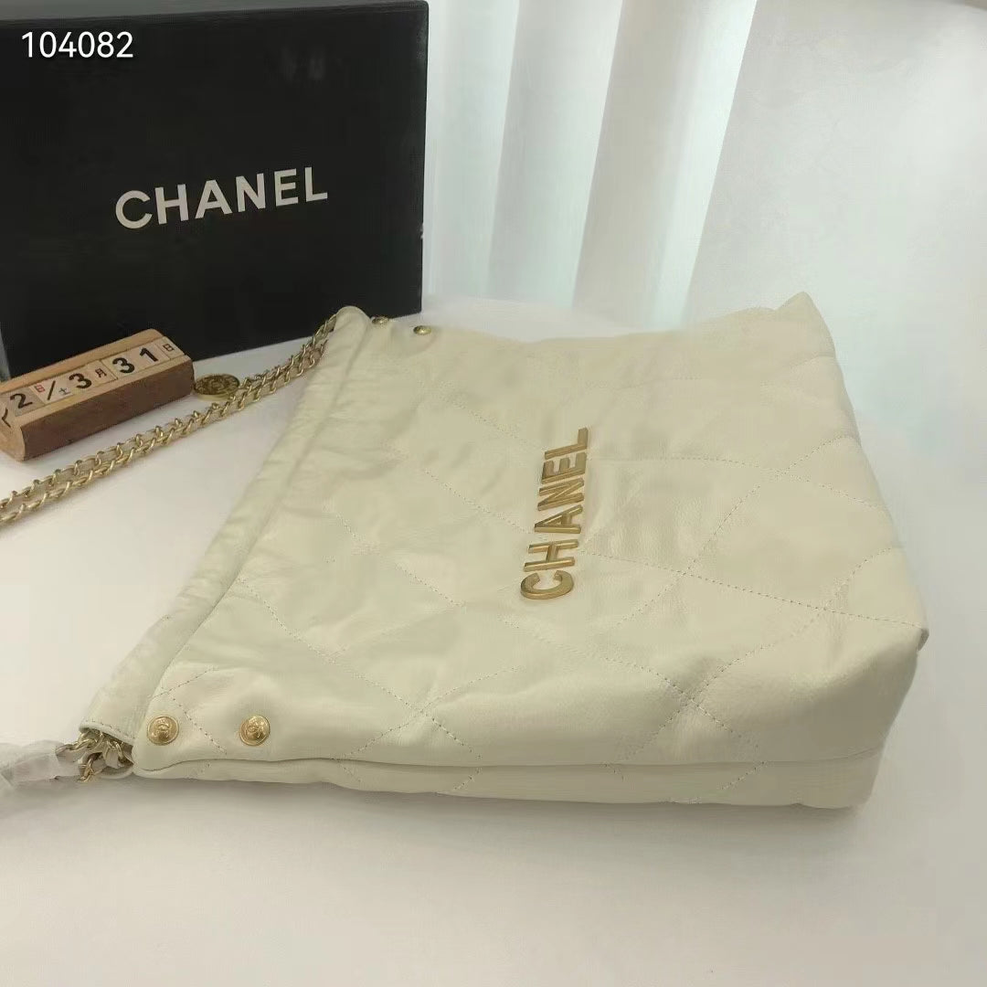 Chanel Women 22 Small Handbag Shiny Calfskin & Gold-Tone Metal Beige