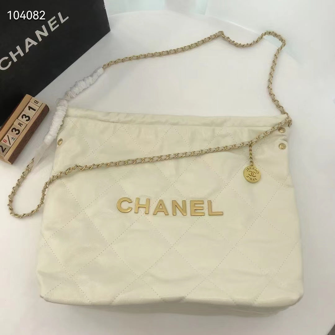 Chanel Women 22 Small Handbag Shiny Calfskin & Gold-Tone Metal Beige