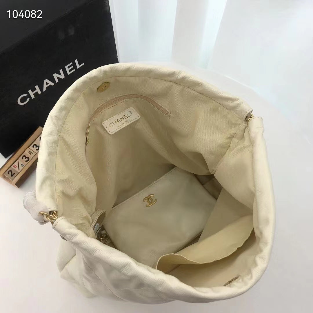 Chanel Women 22 Small Handbag Shiny Calfskin & Gold-Tone Metal Beige