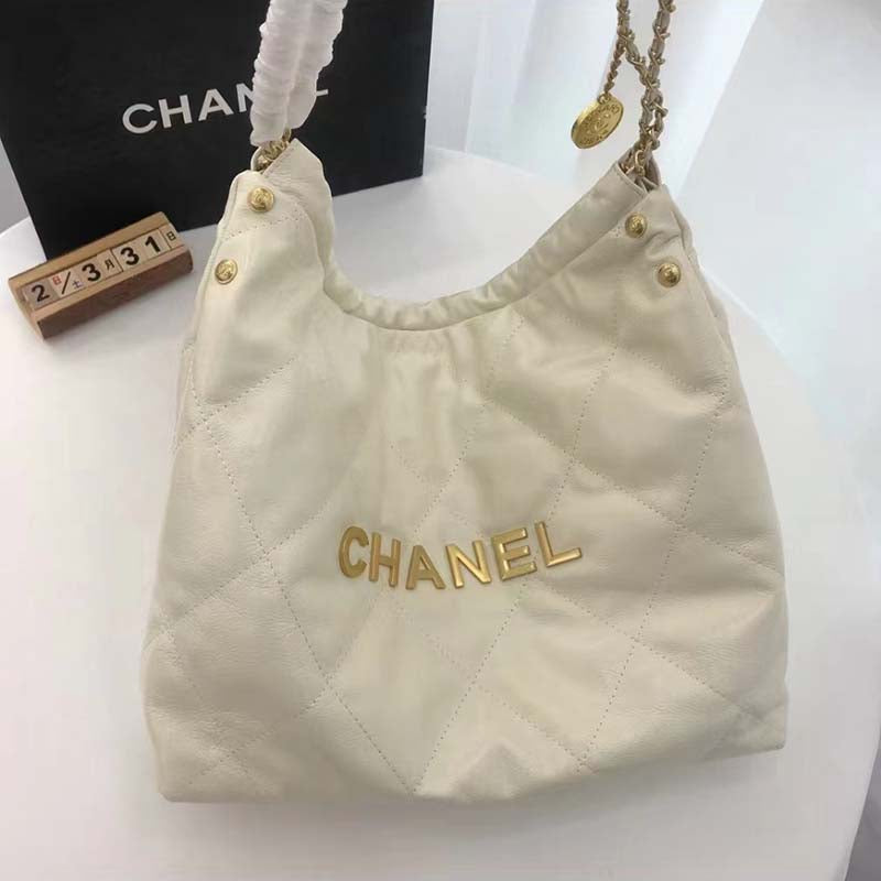 Chanel Women 22 Small Handbag Shiny Calfskin & Gold-Tone Metal Beige