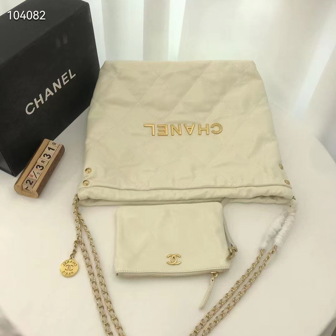 Chanel Women 22 Small Handbag Shiny Calfskin & Gold-Tone Metal Beige