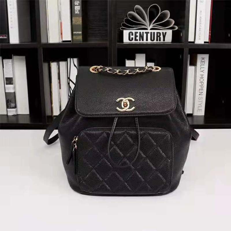 Chanel Women Backpack in Embossed Grained Calfskin Leather-Black