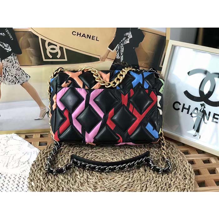 Chanel Women CC 19 Flap Bag Goatskin Gold Silver-Tone Metal Multicolor Black