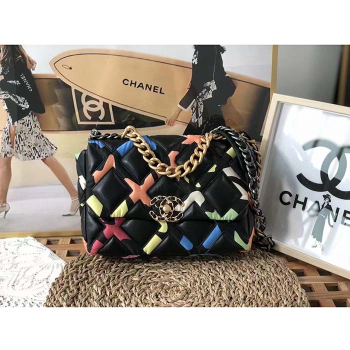 Chanel Women CC 19 Flap Bag Goatskin Gold Silver-Tone Metal Multicolor Black