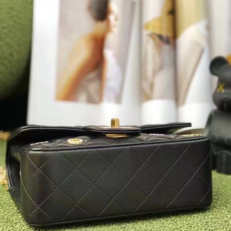 Chanel Women CC 2.55 Handbag Calfskin Strass Glass Pearls Gold Silver Tone Black