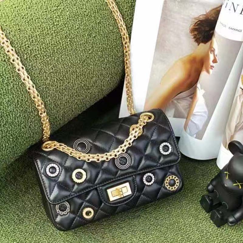 Chanel Women CC 2.55 Handbag Calfskin Strass Glass Pearls Gold Silver Tone Black