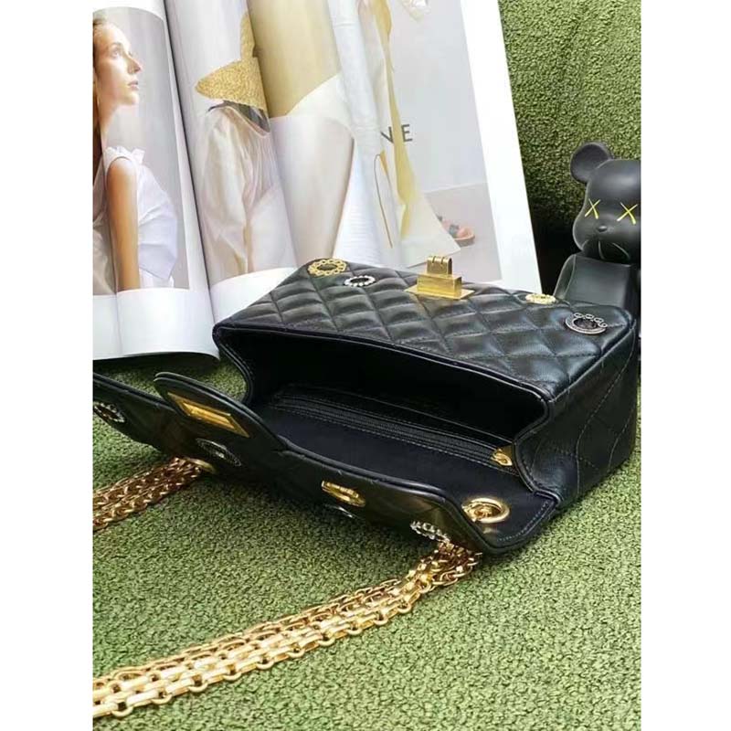 Chanel Women CC 2.55 Handbag Calfskin Strass Glass Pearls Gold Silver Tone Black