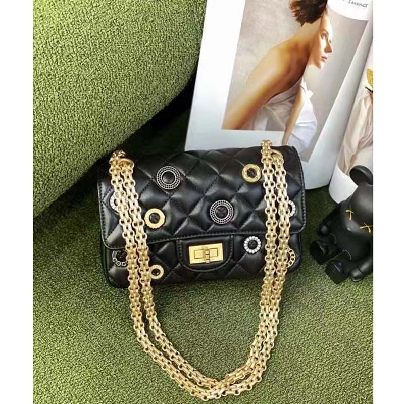 Chanel Women CC 2.55 Handbag Calfskin Strass Glass Pearls Gold Silver Tone Black