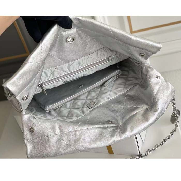 Chanel Women CC 22 Handbag Metallic Calfskin Silver-Tone Metal Silver