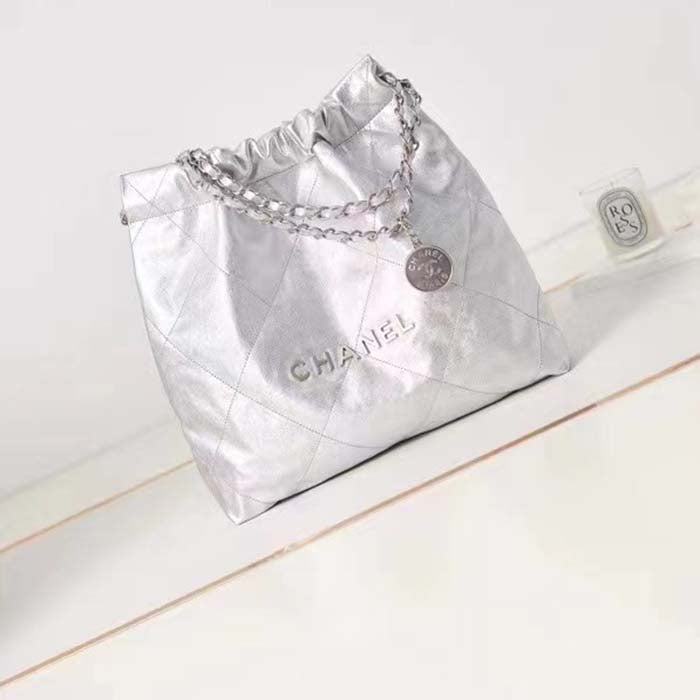 Chanel Women CC 22 Handbag Metallic Calfskin Silver-Tone Metal Silver