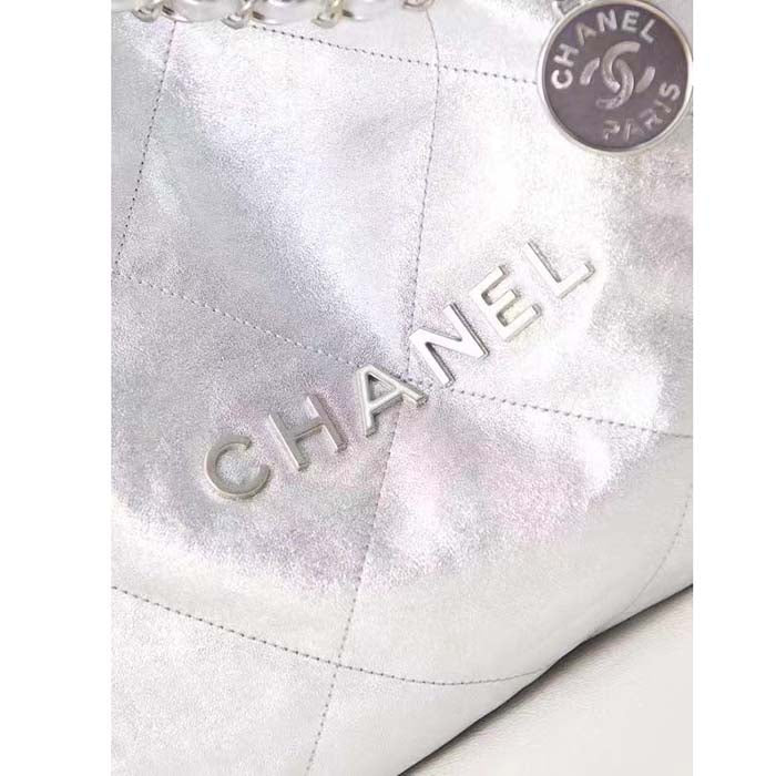 Chanel Women CC 22 Handbag Metallic Calfskin Silver-Tone Metal Silver