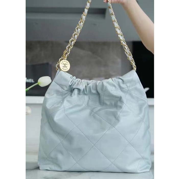 Chanel Women CC 22 Handbag Shiny Calfskin & Gold-Tone Metal Light Blue