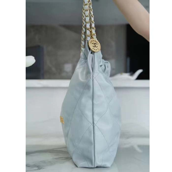 Chanel Women CC 22 Handbag Shiny Calfskin & Gold-Tone Metal Light Blue
