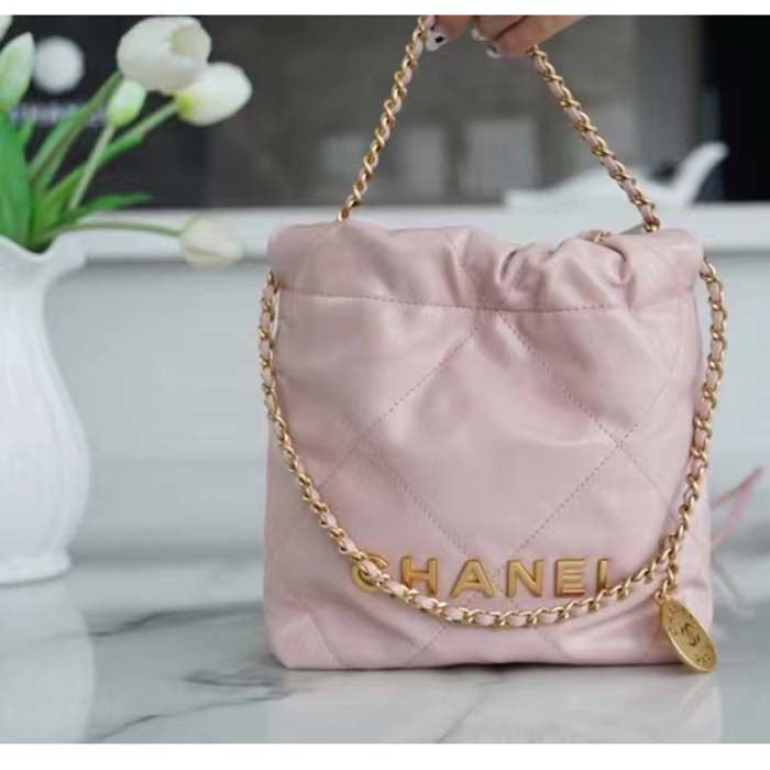 Chanel Women CC 22 Mini Handbag Shiny Calfskin Gold-Tone Metal Light Pink