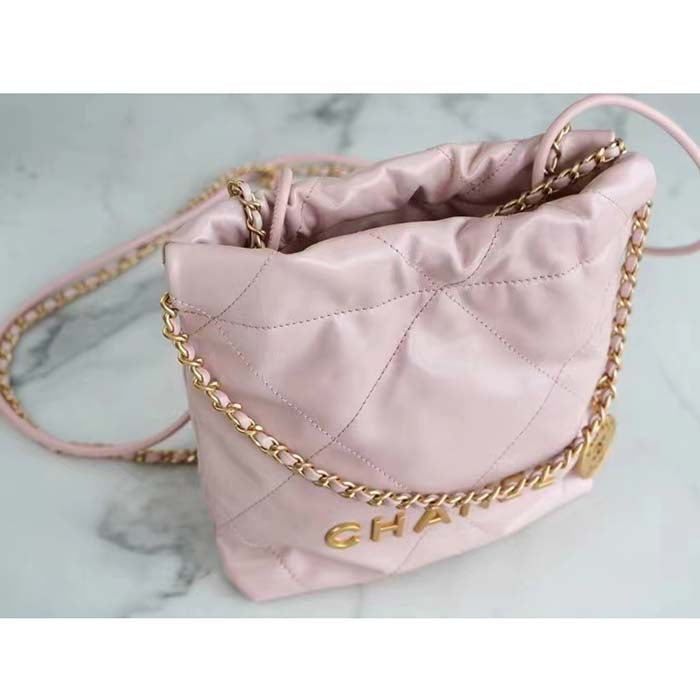 Chanel Women CC 22 Mini Handbag Shiny Calfskin Gold-Tone Metal Light Pink