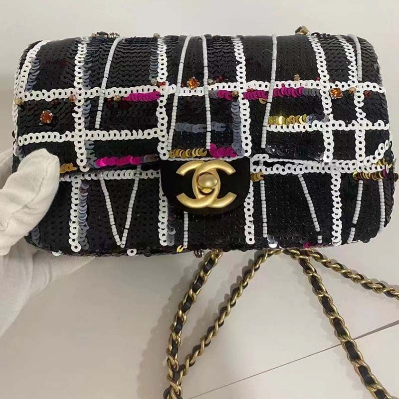 Chanel Women CC Classic Handbag Embroidered Satin Sequins Gold-Tone Metal