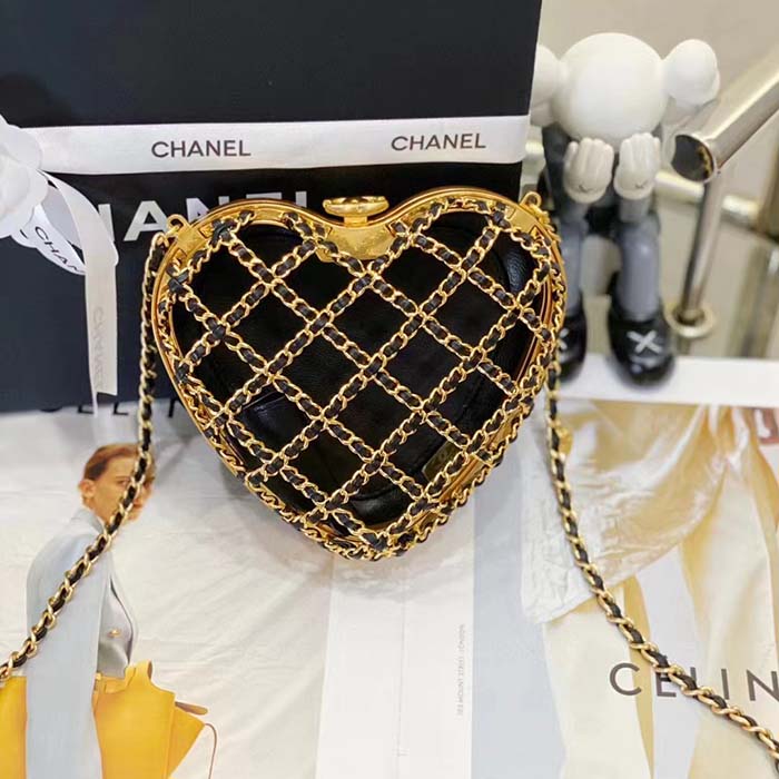 Chanel Women CC Heart Minaudiere Lambskin Gold-Tone Metal Black