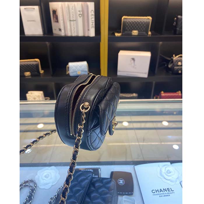 Chanel Women CC Heart Shape Bag Black Calfskin Leather Gold-Tone Metal