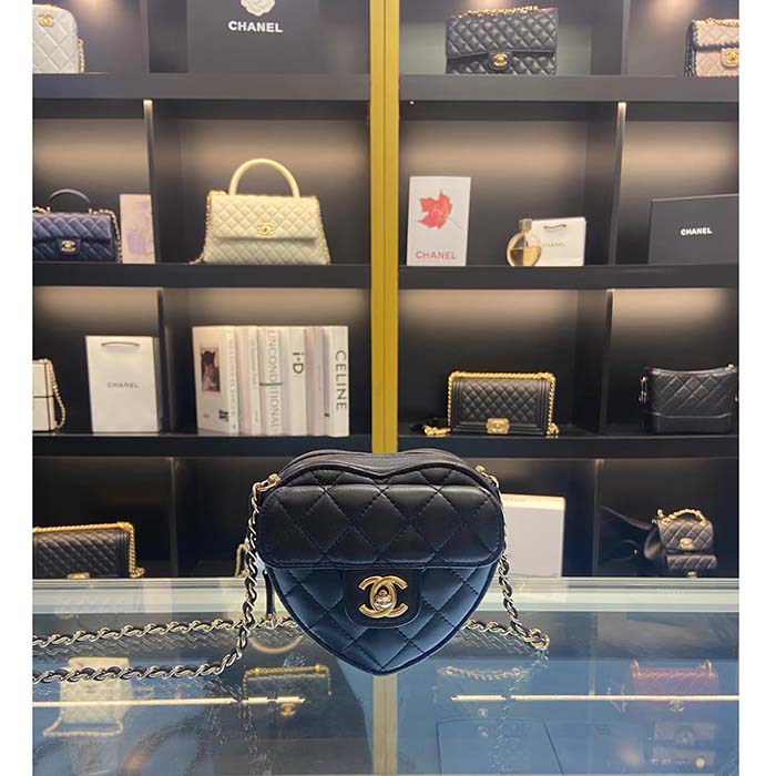 Chanel Women CC Heart Shape Bag Black Calfskin Leather Gold-Tone Metal
