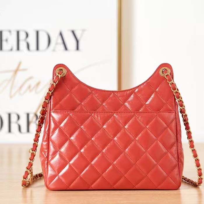 Chanel Women CC Hobo Handbag Shiny Crumpled Calfskin Gold-Tone Metal Red