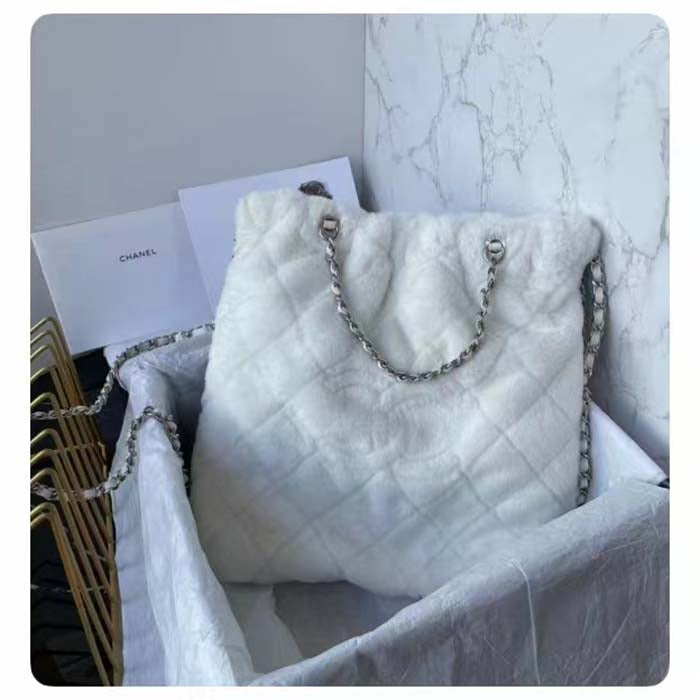 Chanel Women CC Large Backpack Shearling Lambskin Silver-Tone Metal White