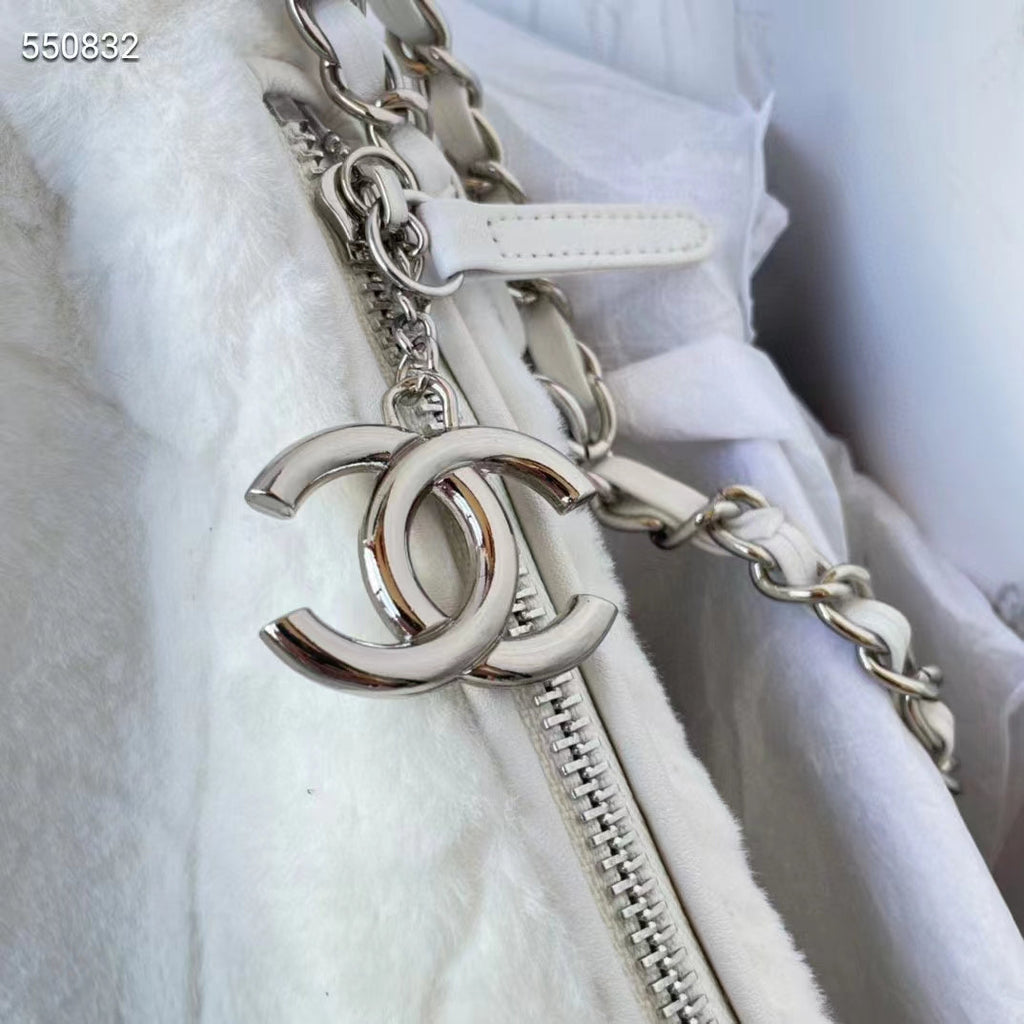 Chanel Women CC Large Backpack Shearling Lambskin Silver-Tone Metal White