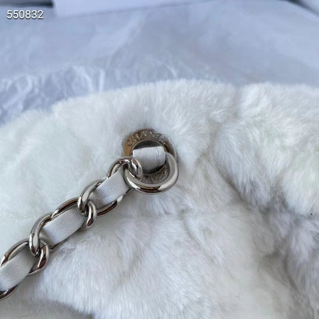 Chanel Women CC Large Backpack Shearling Lambskin Silver-Tone Metal White