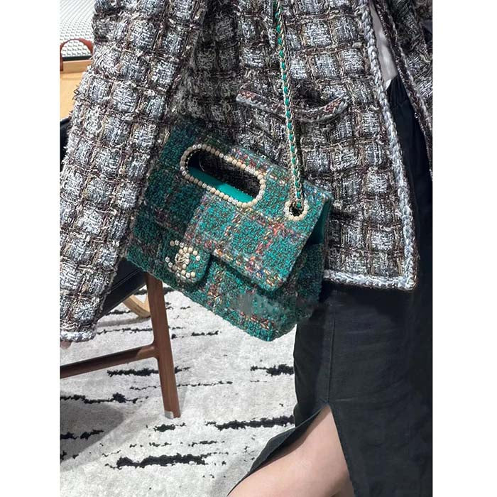 Chanel Women CC Large Flap Bag Top Handle Wool Silk Tweed Glass Wooden Pearls