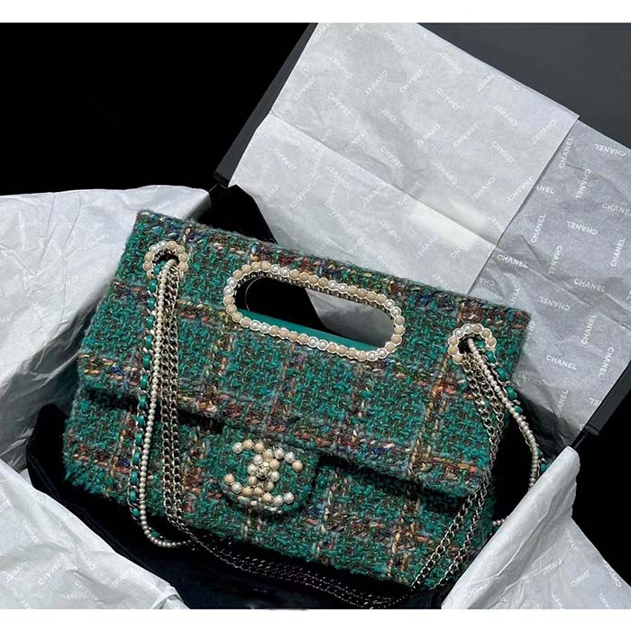 Chanel Women CC Large Flap Bag Top Handle Wool Silk Tweed Glass Wooden Pearls