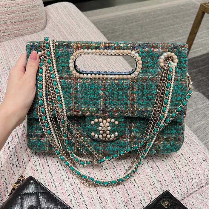 Chanel Women CC Large Flap Bag Top Handle Wool Silk Tweed Glass Wooden Pearls