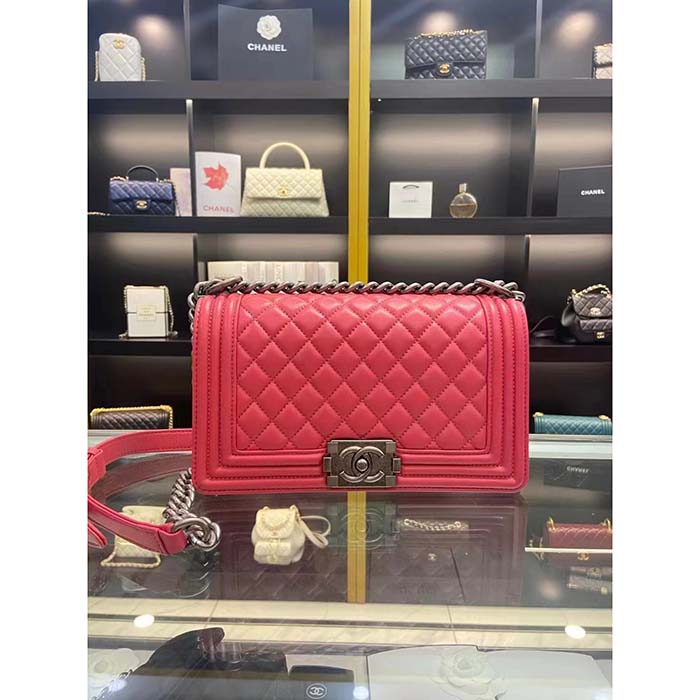 Chanel Women CC Leboy Flap Bag Chain in Calfskin Leather-Red