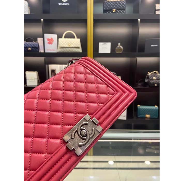 Chanel Women CC Leboy Flap Bag Chain in Calfskin Leather-Red