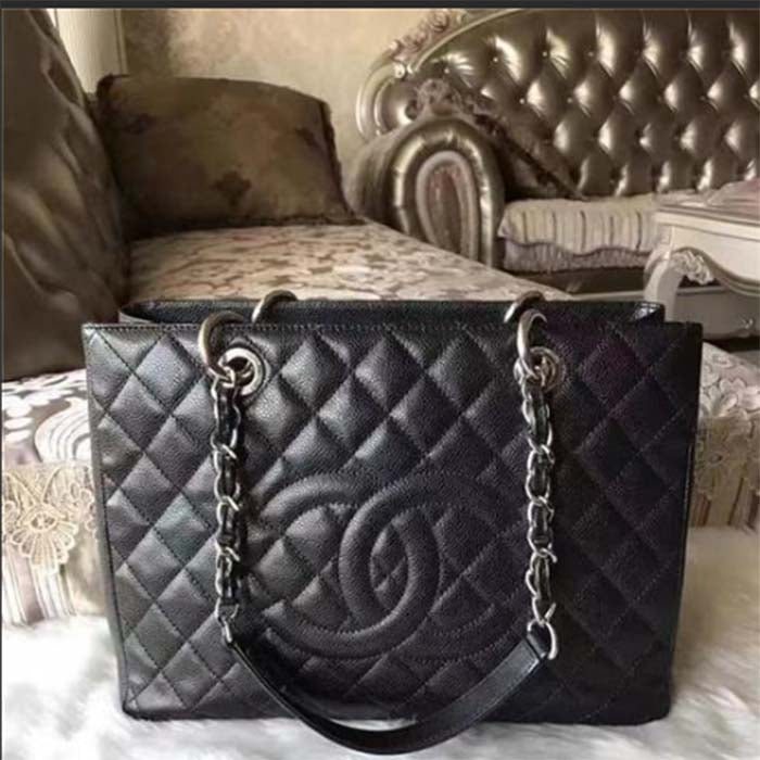 Chanel Women CC Shopping Bag Black Calfskin Leather Silver-Tone Metal
