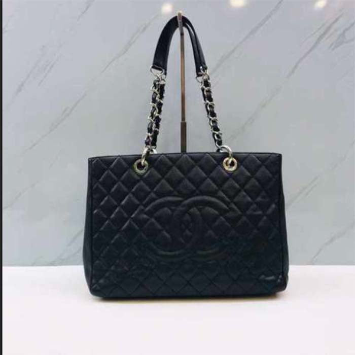 Chanel Women CC Shopping Bag Black Calfskin Leather Silver-Tone Metal