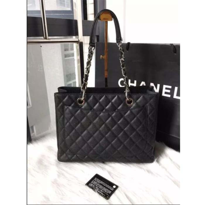 Chanel Women CC Shopping Bag Black Calfskin Leather Silver-Tone Metal