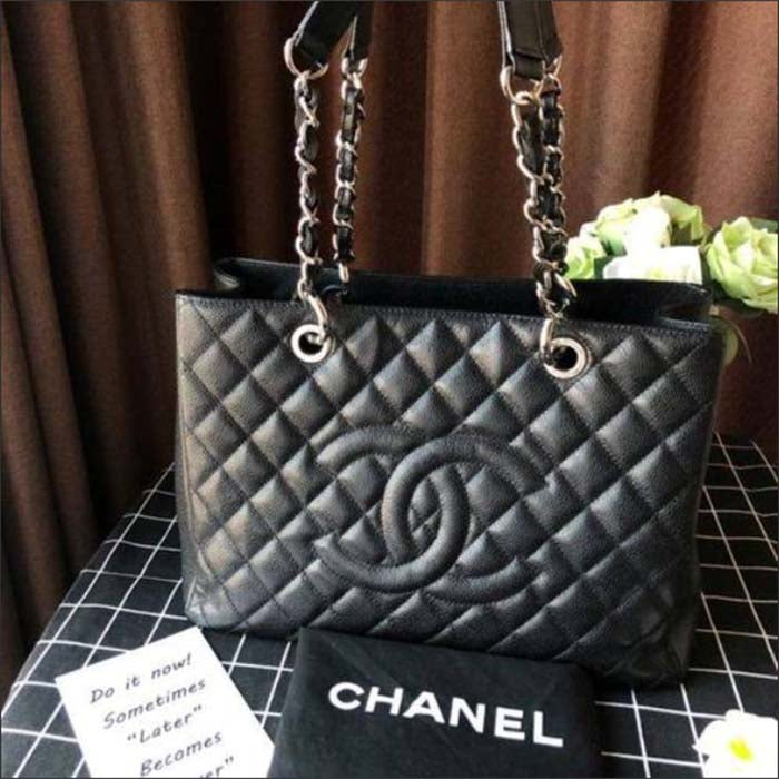 Chanel Women CC Shopping Bag Black Calfskin Leather Silver-Tone Metal