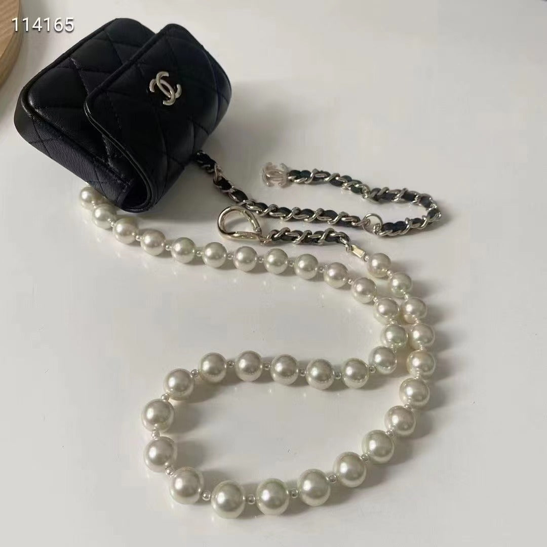 Chanel Women CC Shoulder Black Flap Bag Artificial Pearl Chain Calfskin Leather