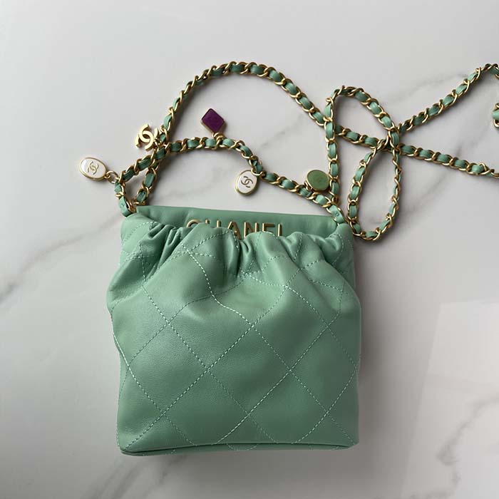 Chanel Women CC Small Bucket Bag Lambskin Resin Gold-Tone Metal Light Green